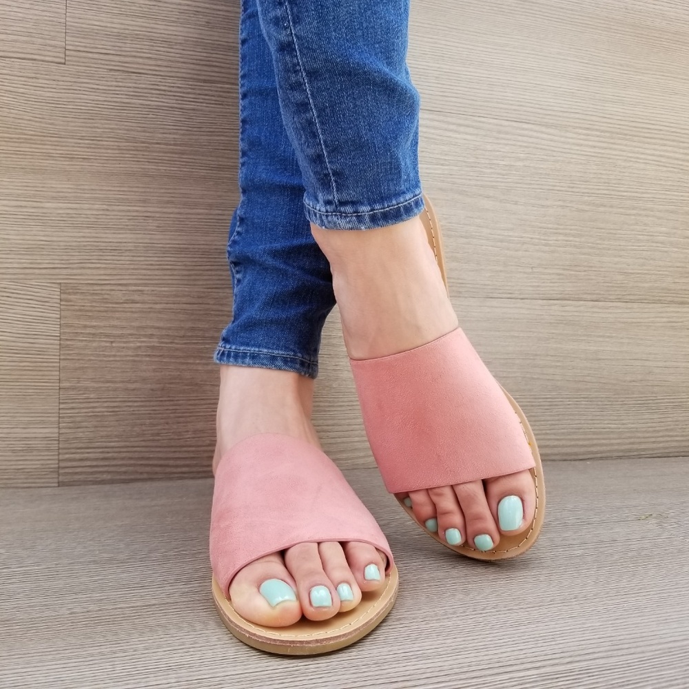 Suede Slip on Slider Pink Flat Sandals-C - Picture 7 of 8